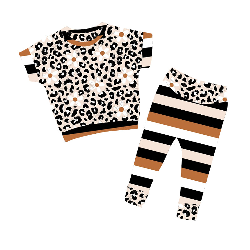 preorder GSPO1426 Flowers leopard short sleeve striped pants girls set