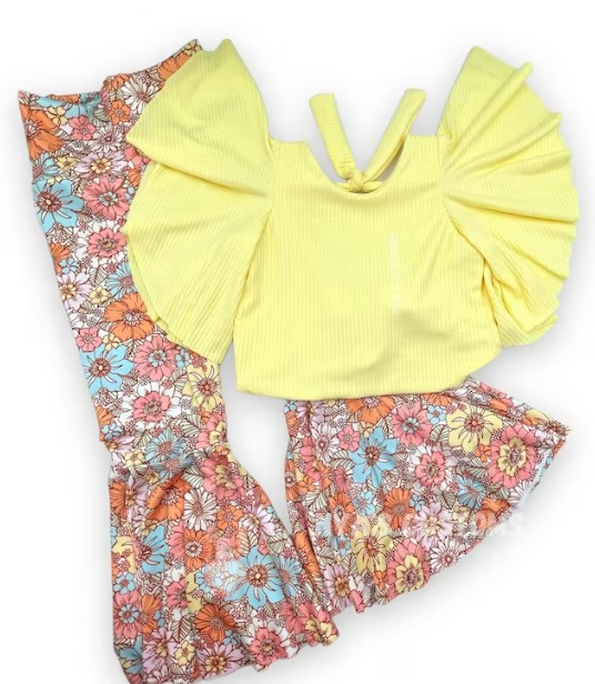 preorder GSPO1431 Yellow short sleeve colorful flowers pants girls set