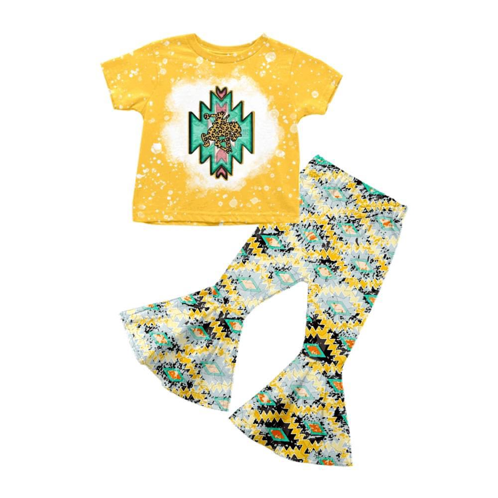 preorder GSPO1433 Western Aztec leopard horse yellow short sleeve pants girls set