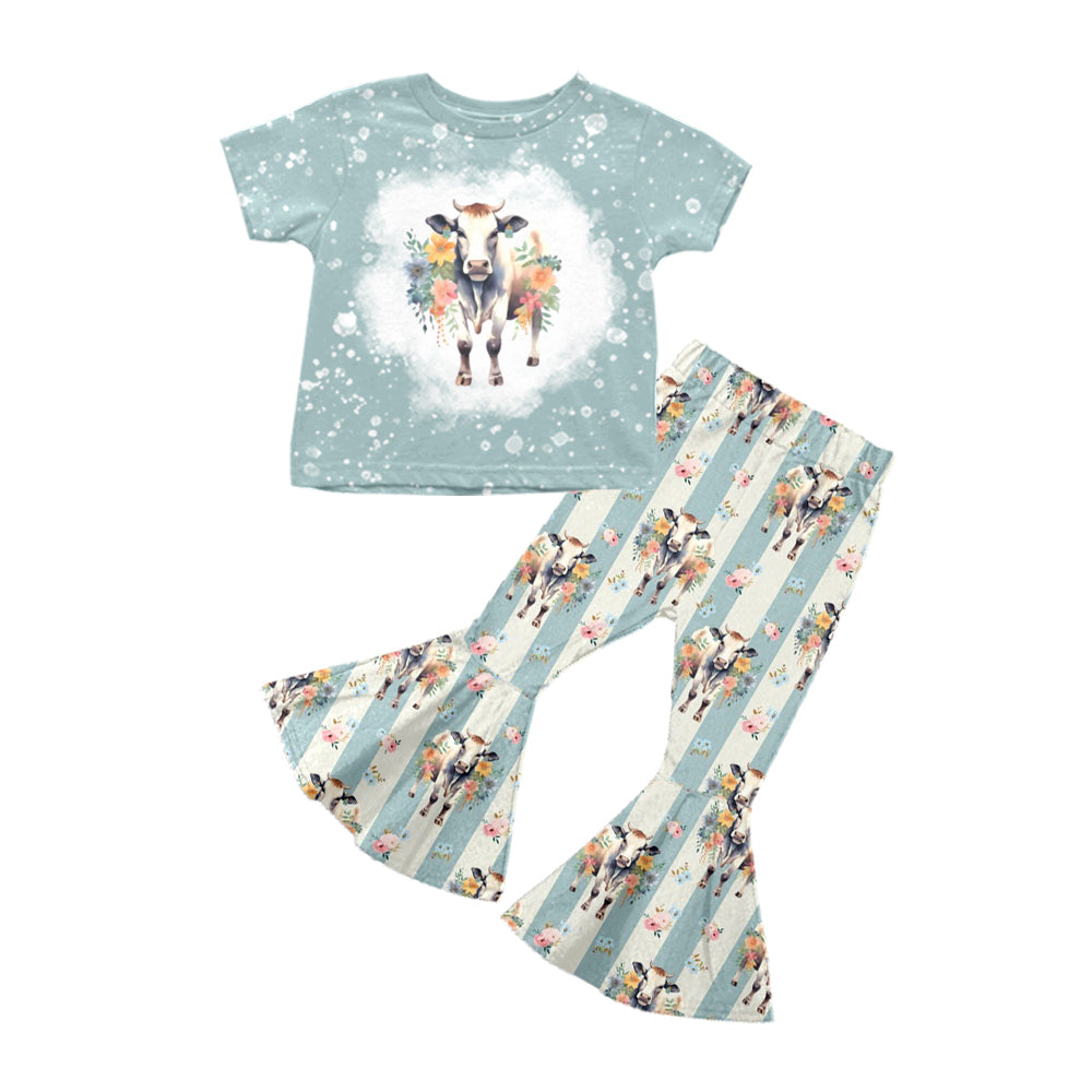 preorder GSPO1440 cow flowers blue short sleeve blue striped pants girls set