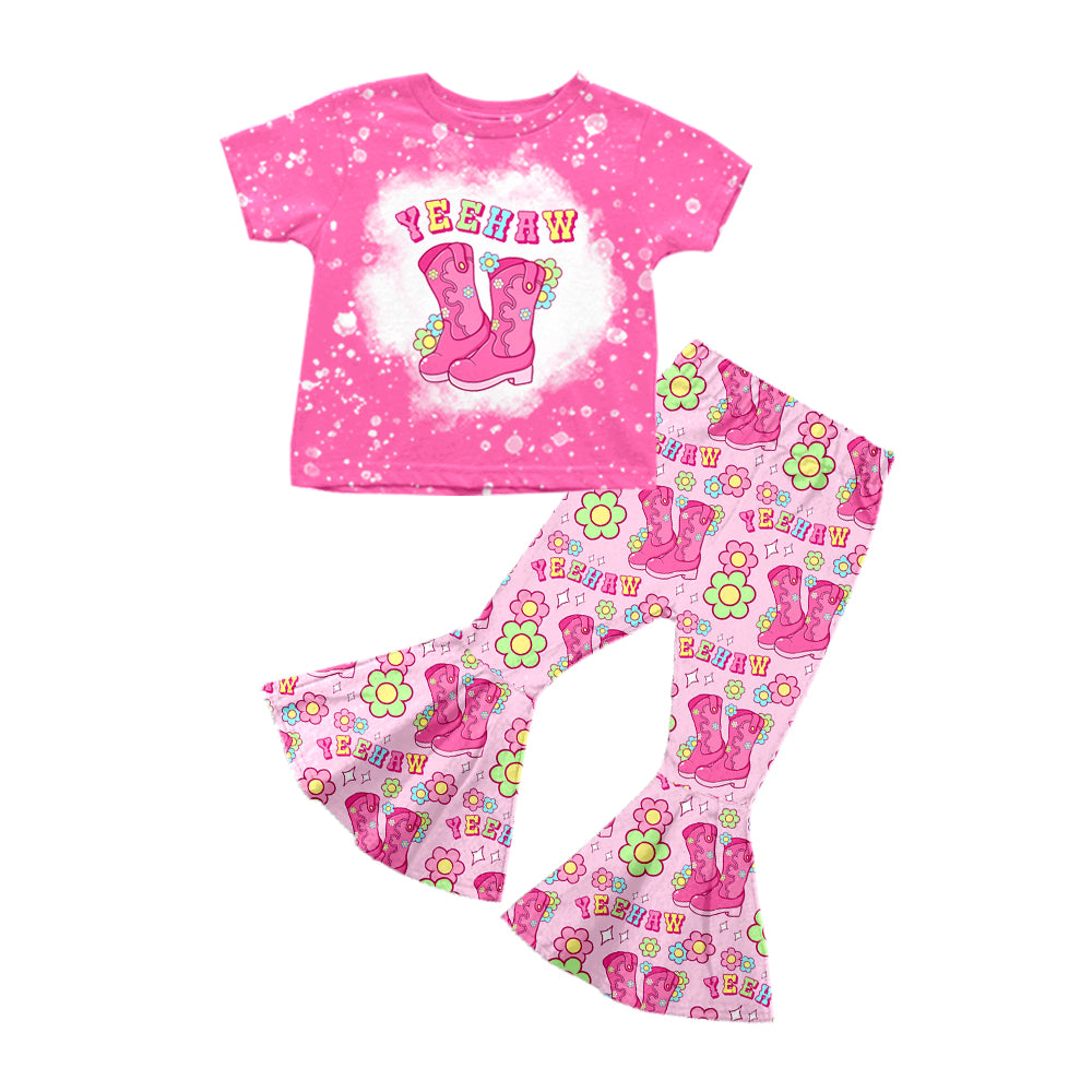 preorder GSPO1444 Western yee haw boot hot pink short sleeve flowers pants girls set