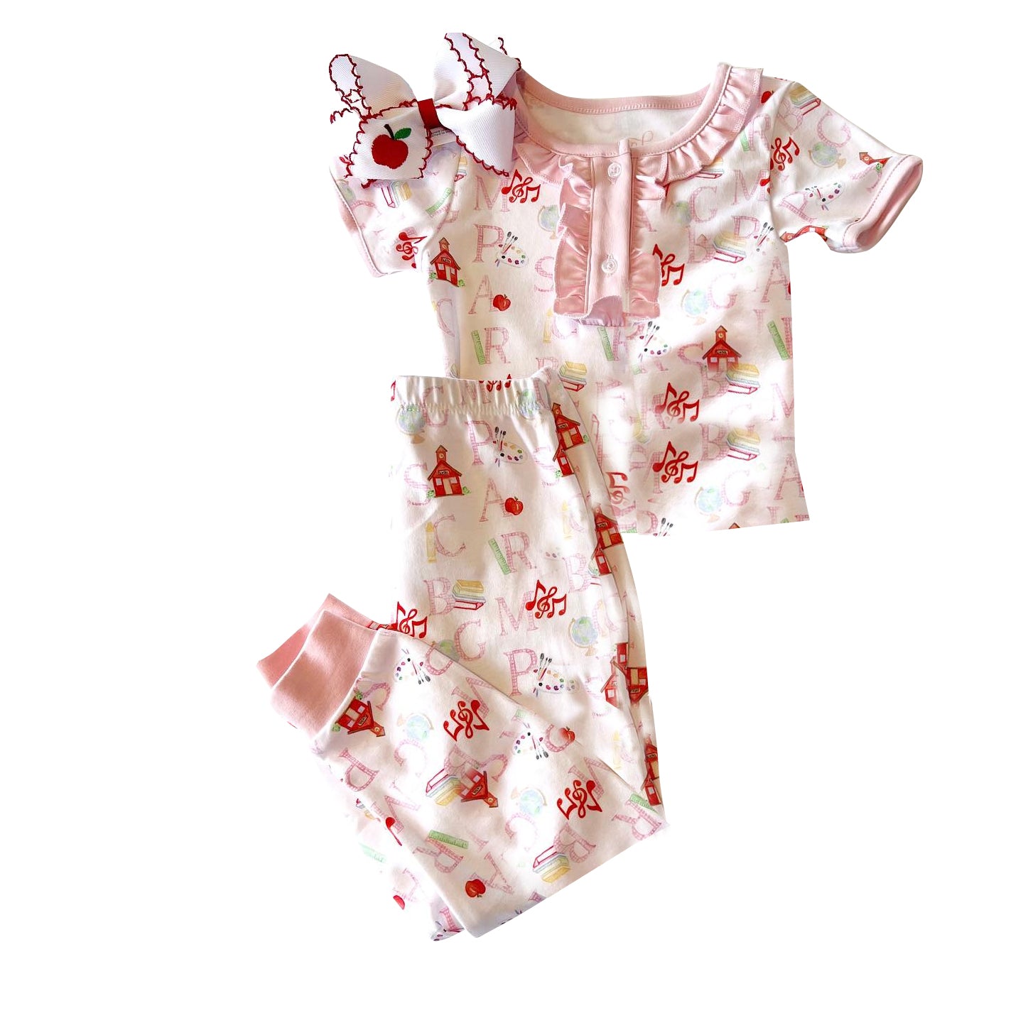 preorder GSPO1449 back to school letter pink short sleeve pants girls pajamas