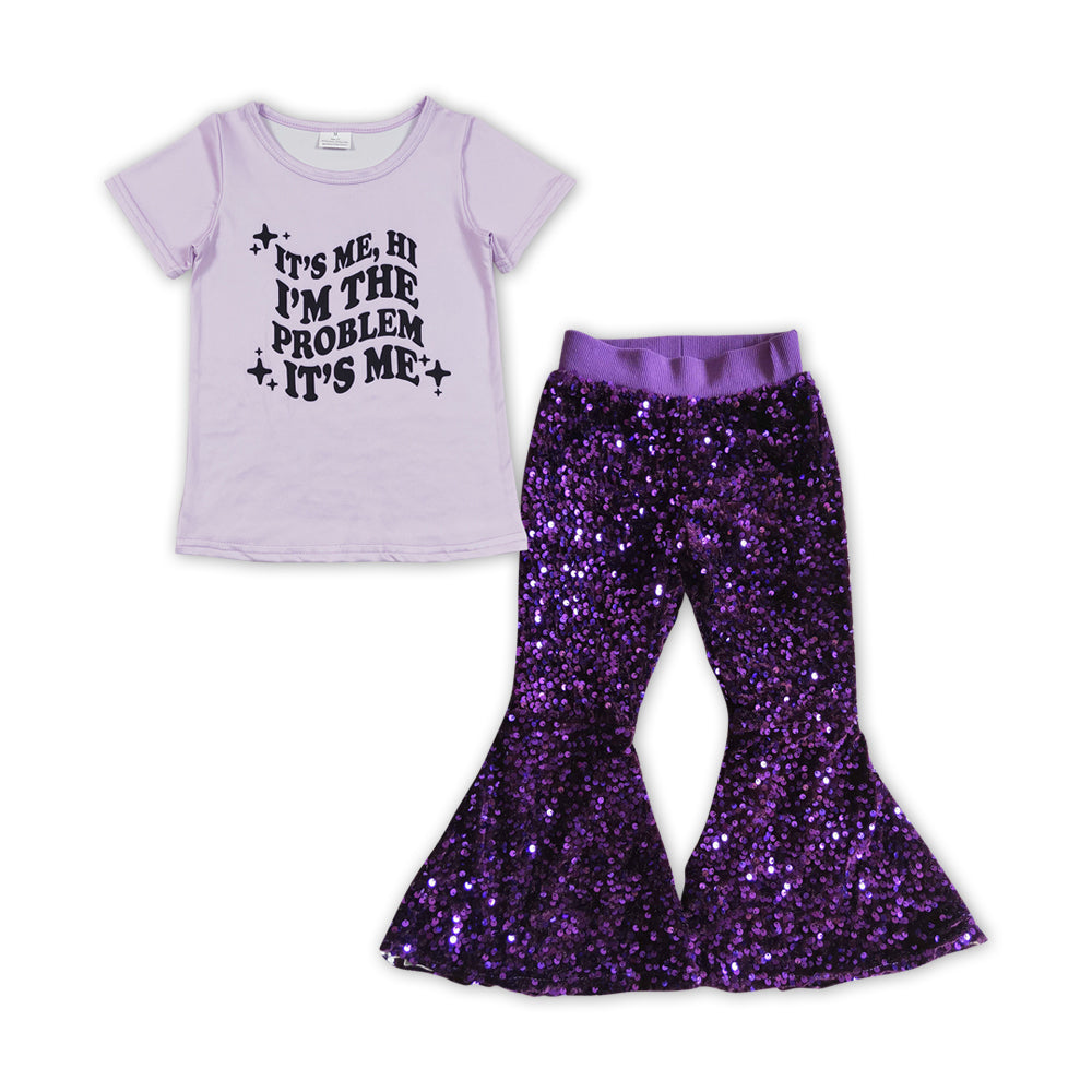 GSPO1456 its me purple short sleeve purple sequin pants girls set