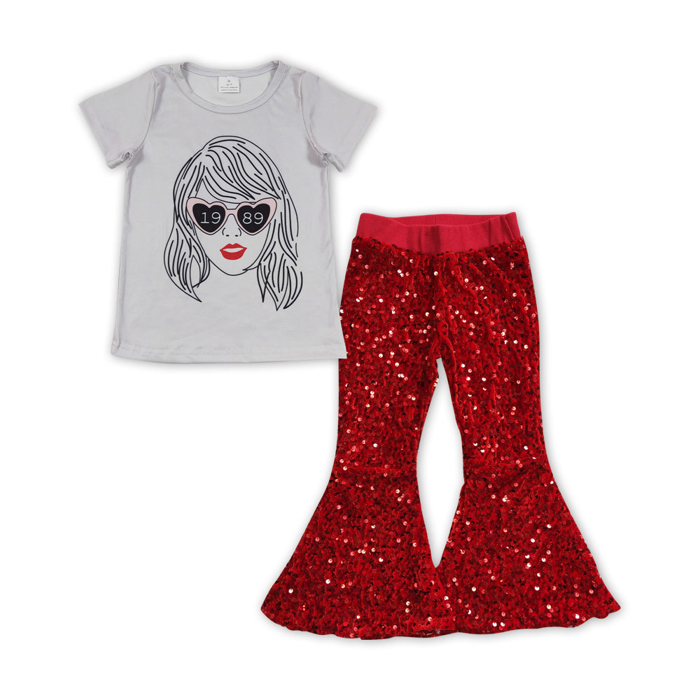 GSPO1457 1989 country singer short sleeve red sequin pants girls set