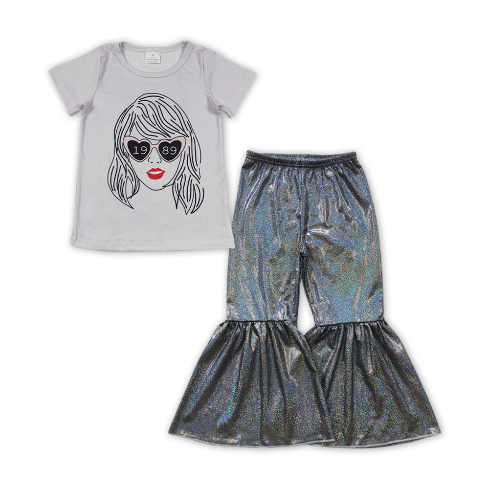 GSPO1481 country singer 1989 short sleeve black shining disco pants girls set