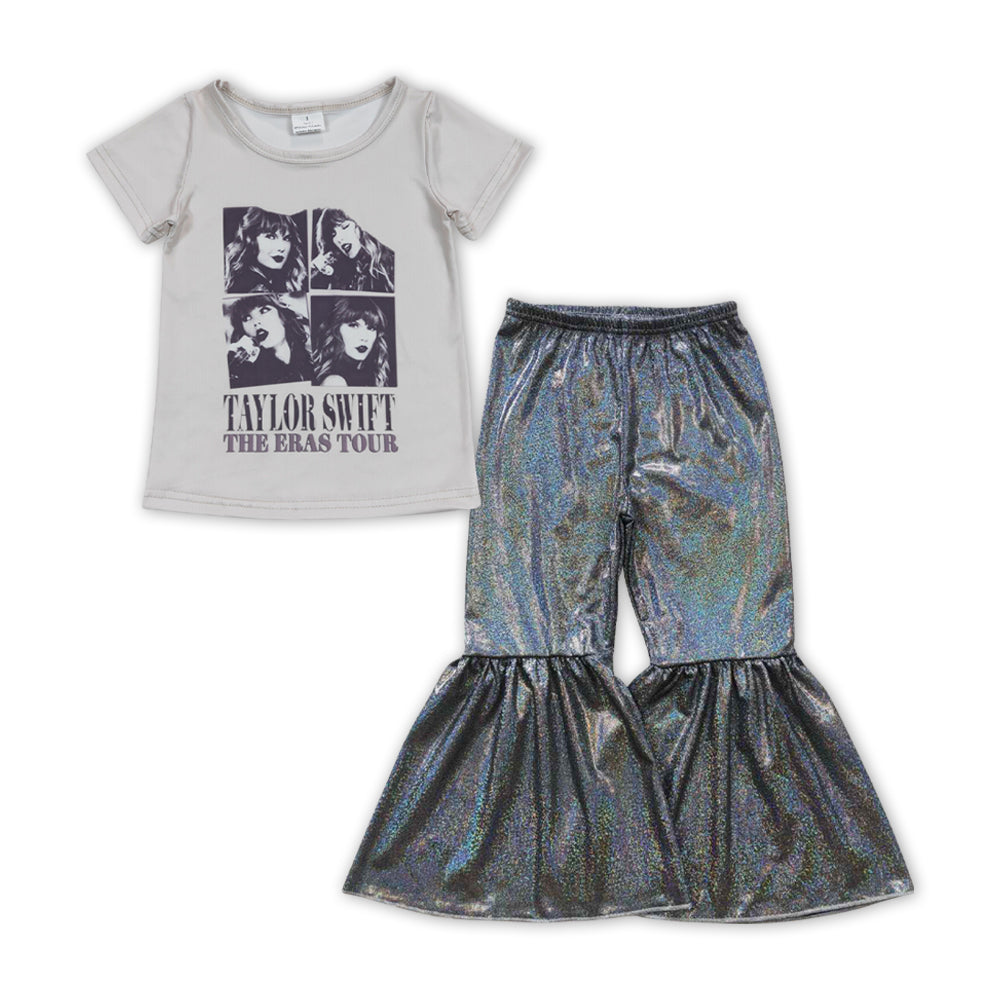 GSPO1482 country singer short sleeve black shining disco pants girls set