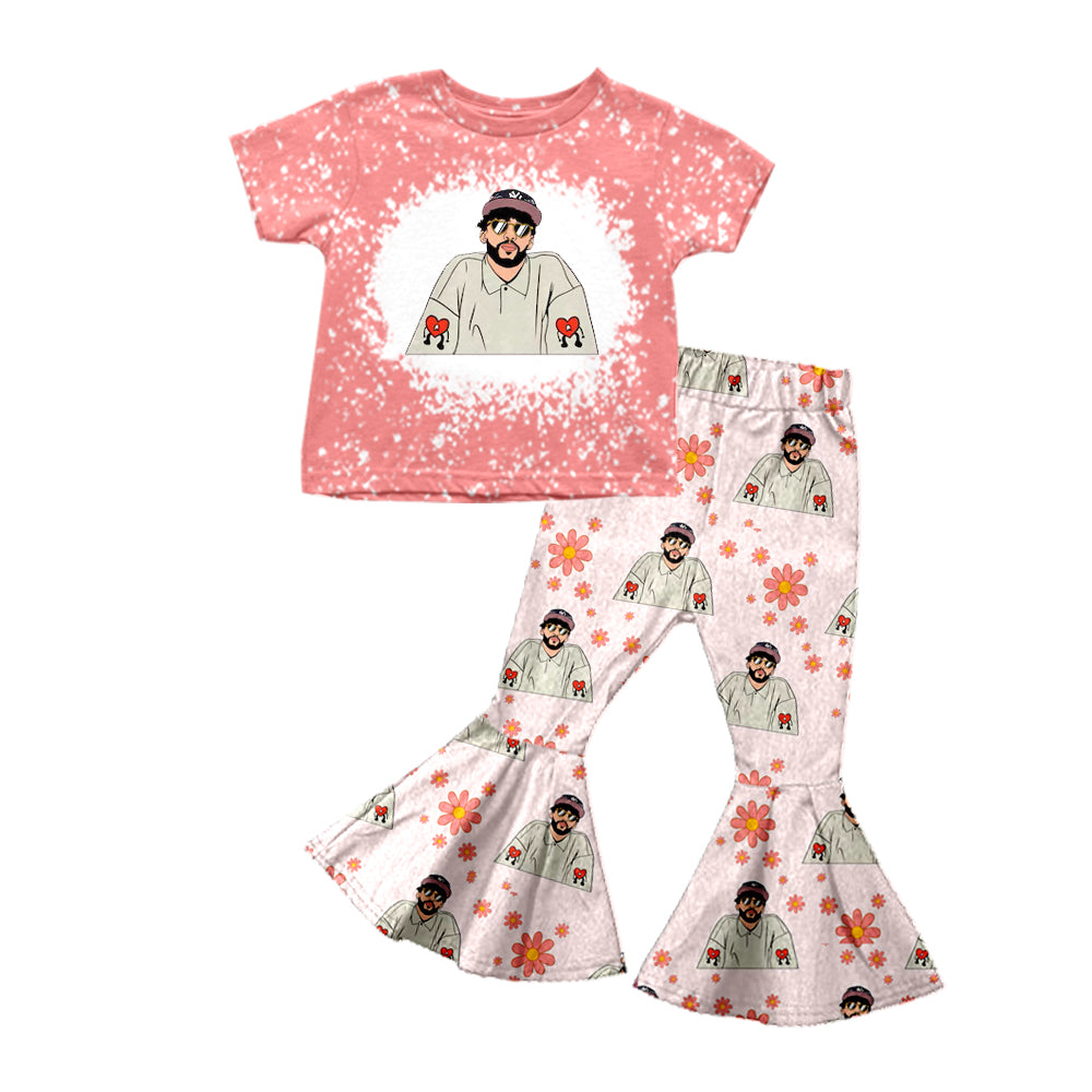 preorder GSPO1491 singer roll bad flowers pink short sleeve pink pants girls set fashion pop singer