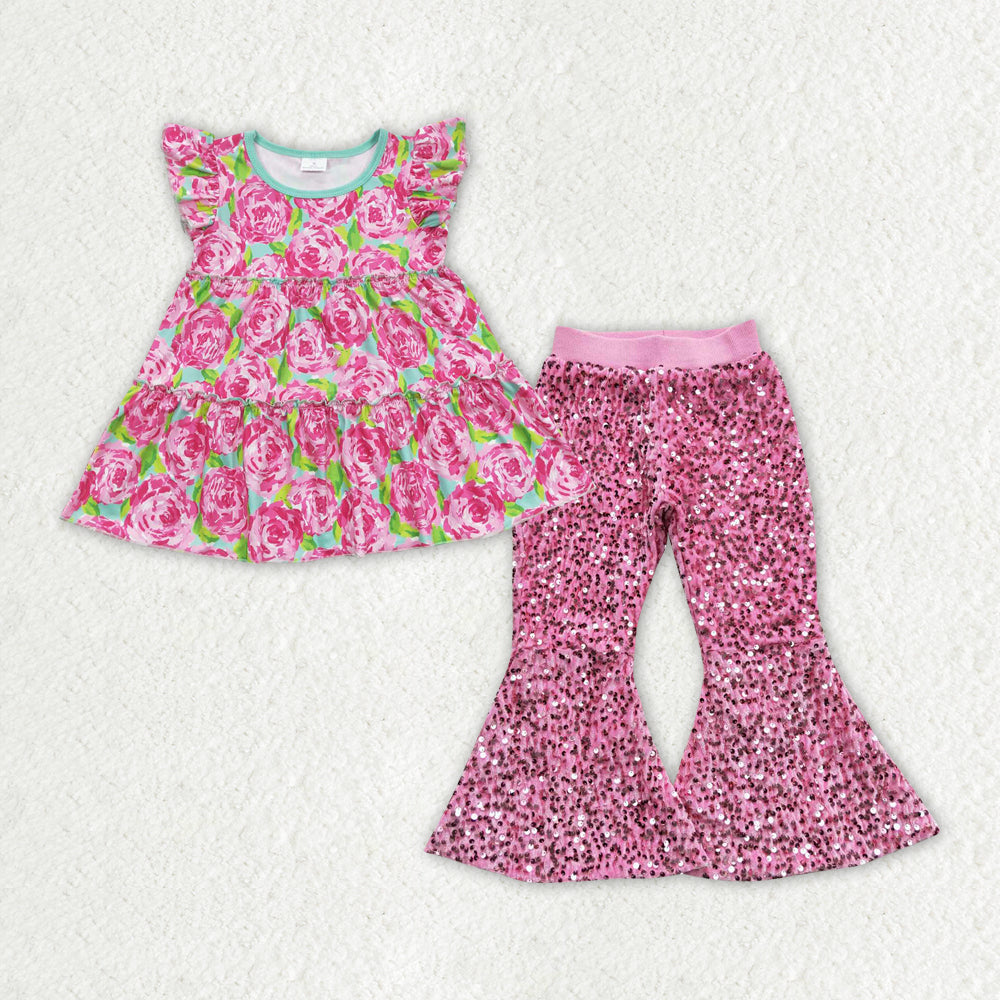 GSPO1500 hot pink flowers flutter sleeve hot pink sequin pants girls set