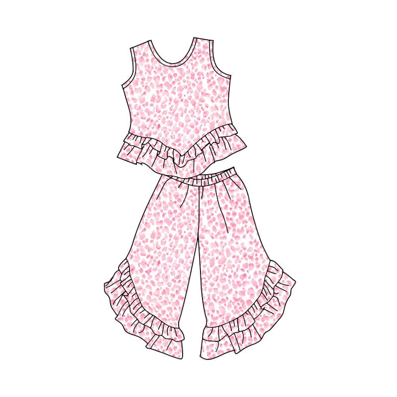 preorder GSPO1504 pink leopard sleeveless ruffles pants girls set