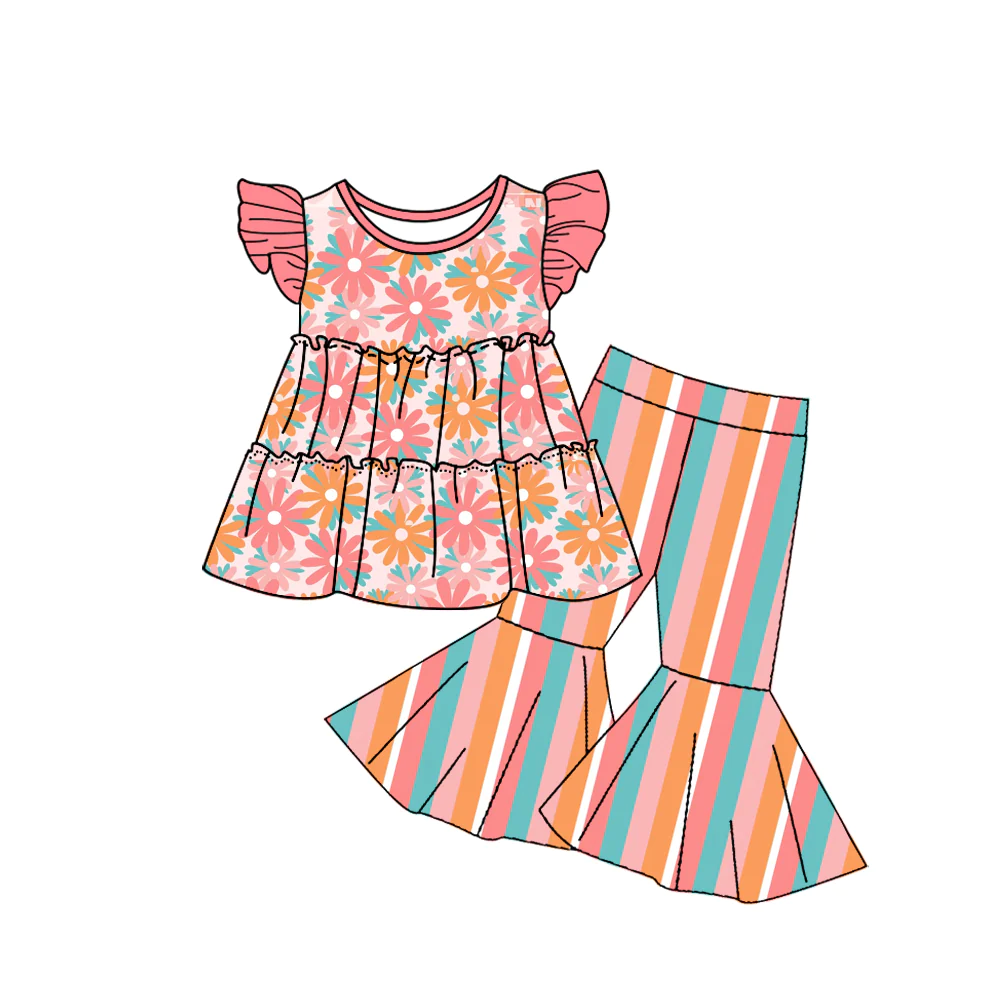 preorder GSPO1512 pink flowers watermelon red flutter sleeve rainbow striped pants girls set