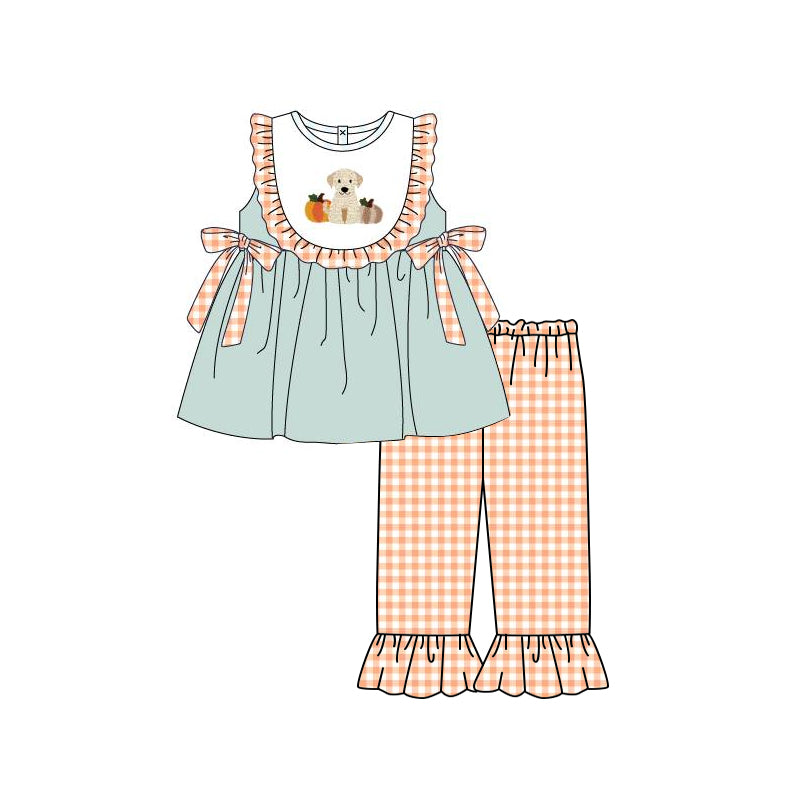 preorder GSPO1527 Autumn full pumpkin dog green sleeveless orange checkered pants girls set