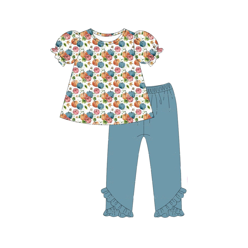 preorder GSPO1529 Autumn full pumpkin short sleeve blue ruffles pants girls set