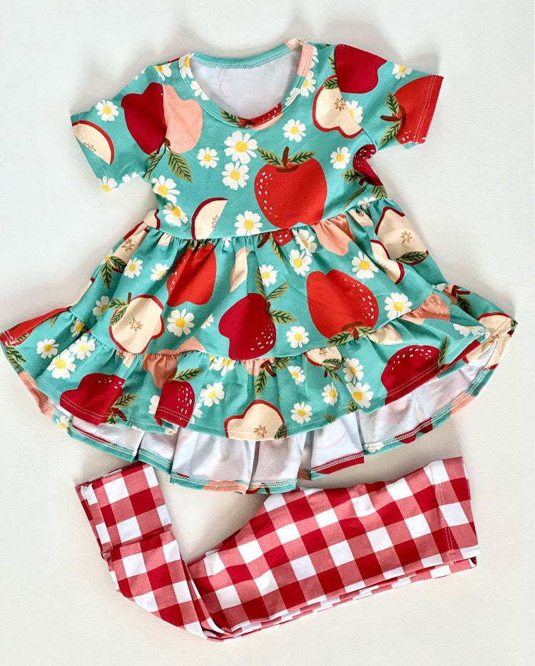 custom moq 3 apple flowers green short sleeve red checkered pants girls set