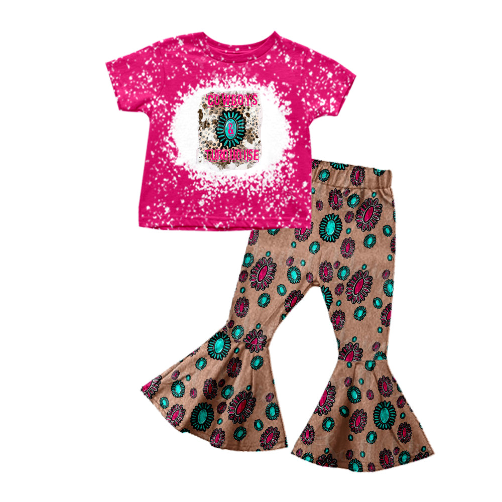 preorder GSPO1542 cowboys turquoise hot pink short sleeve brown pants girls set