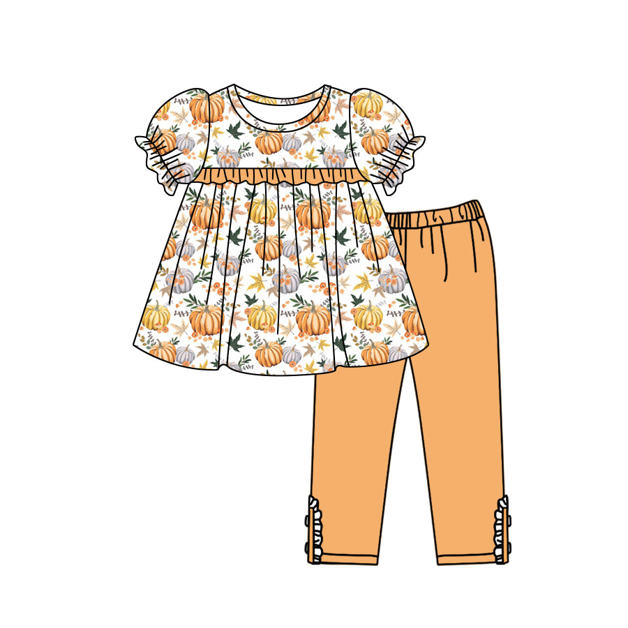 preorder GSPO1543 Autumn full pumpkin short sleeve orange pants girls set