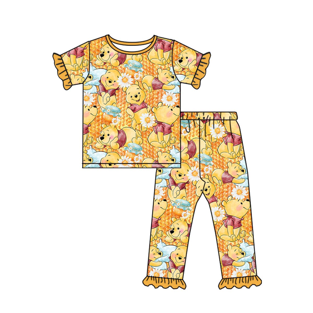 preorder GSPO1545 cartoon cute bear flowers orange short sleeve pants girls pajamas
