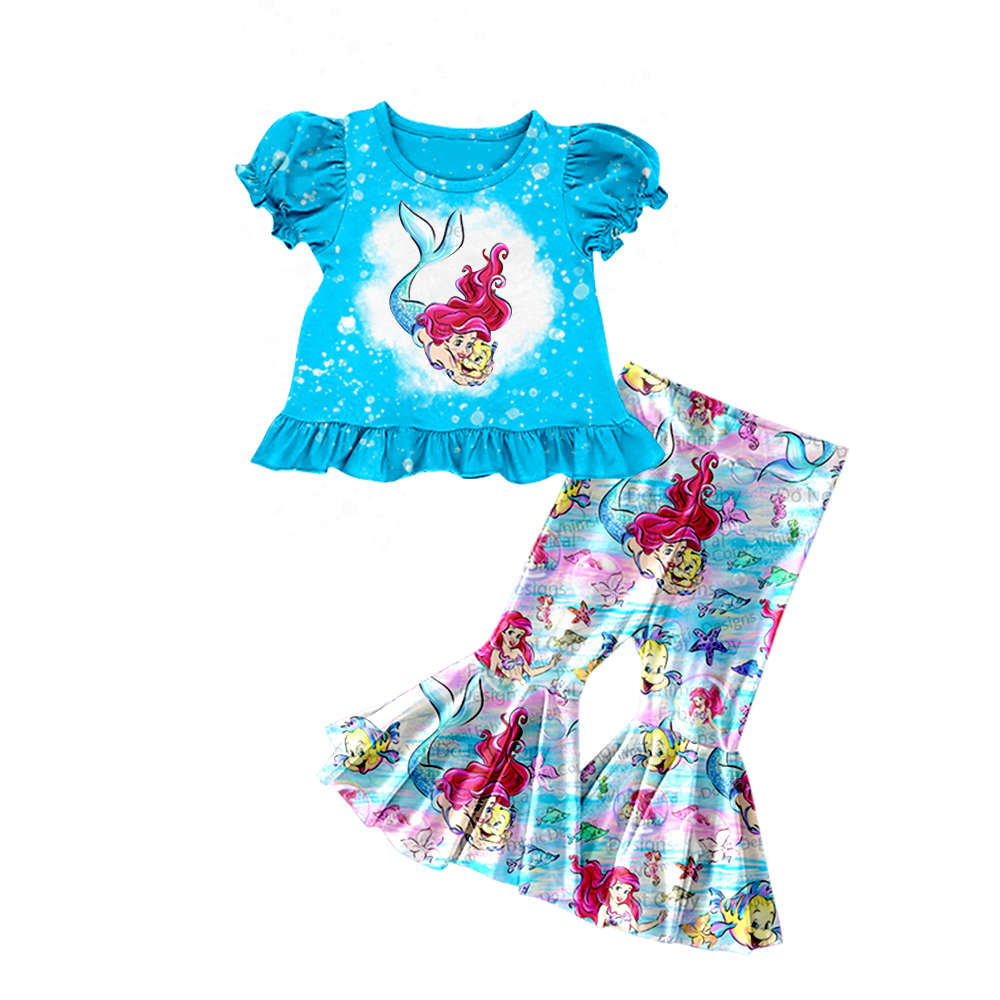 preorder GSPO1555 fish mermaid blue short sleeve colorful pants girls set