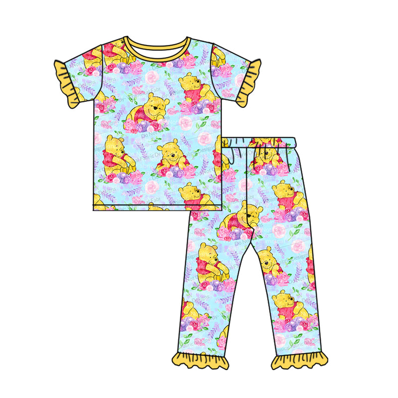 preorder GSPO1557 cartoon cute bear flowers yellow short sleeve pants girls pajamas