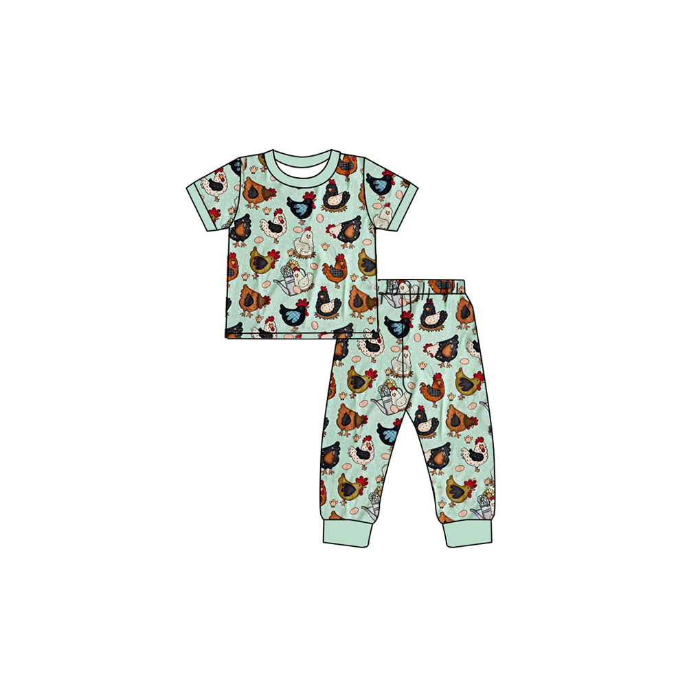 preorder GSPO1583 cartoon farm chick egg green short sleeve pants girls pajamas