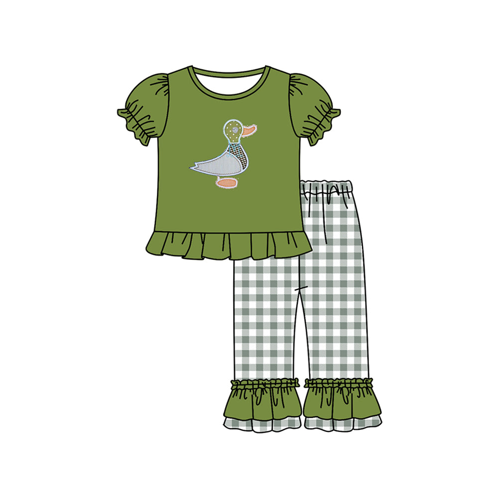 preorder GSPO1585 cute duck mallard green short sleeve checkered pants girls set