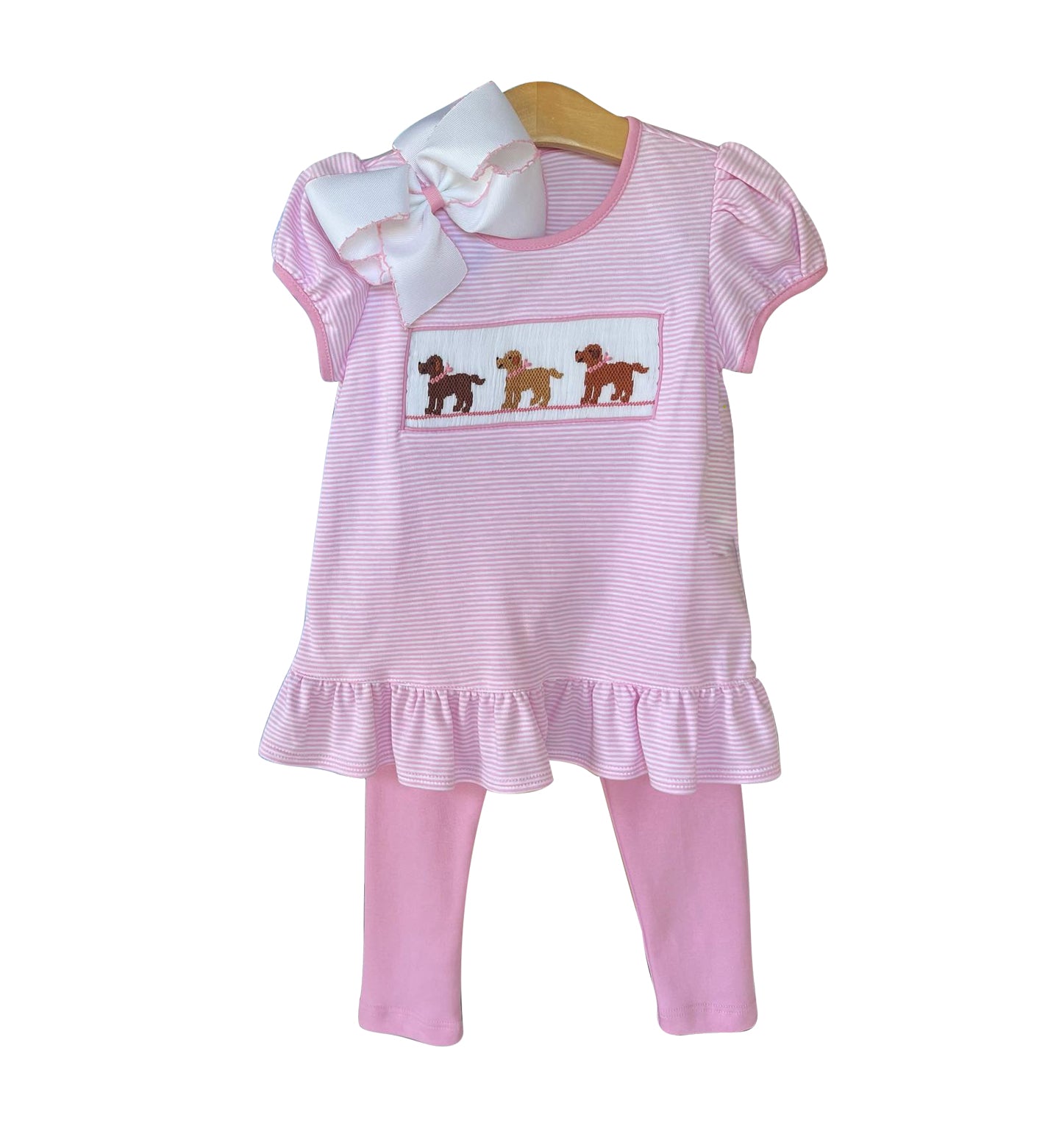 preorder GSPO1603 cute dog pink striped short sleeve pink pants girls set