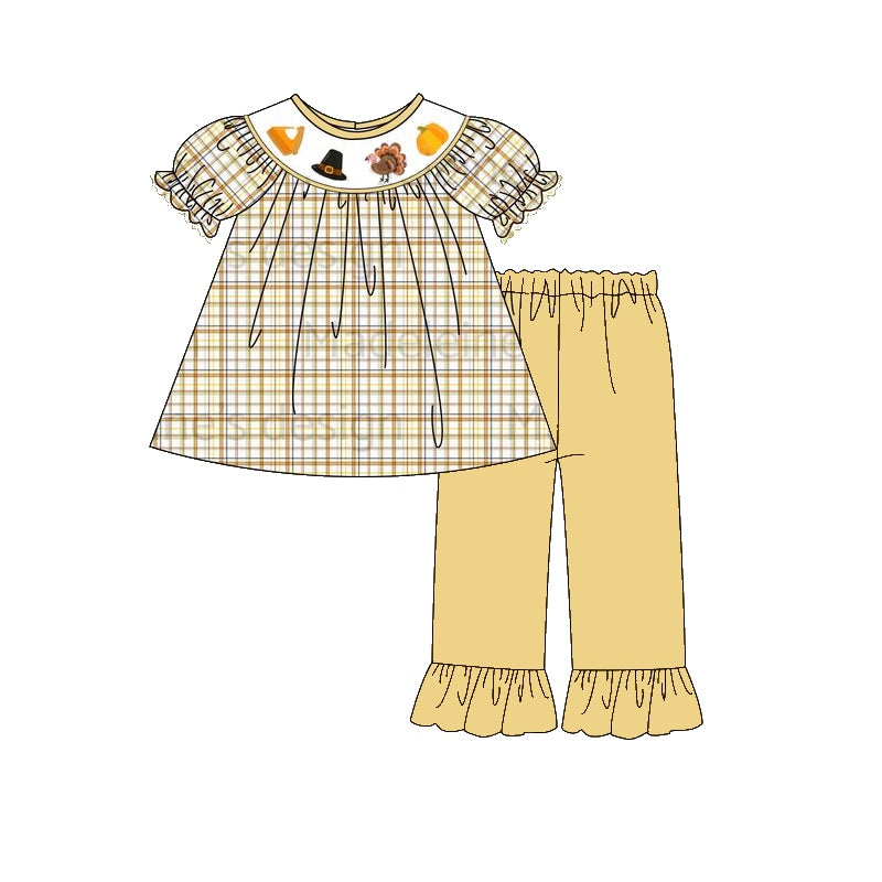 preorder GSPO1605 Thanksgiving turkey orange checkered short sleeve pants girls set