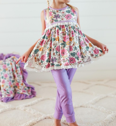 preorder GSPO1607 colorful flowers sleeveless purple pants girls set