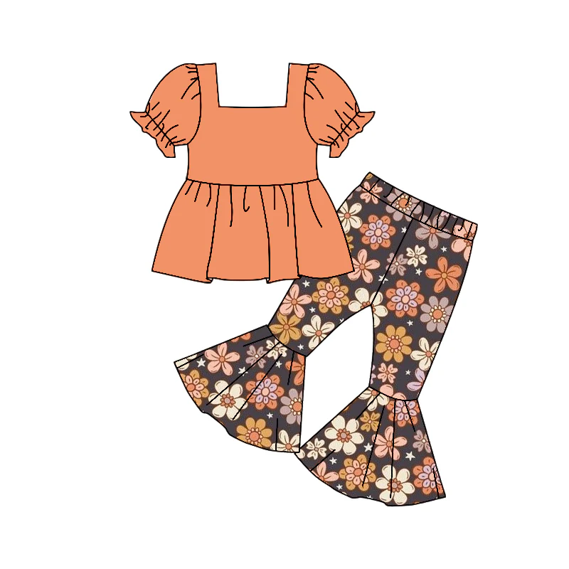 preorder GSPO1610 orange short sleeve colorful flowers pants girls set