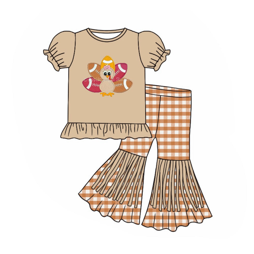preorder GSPO1614 Thanksgiving turkey brown short sleeve brown checkered pants girls set