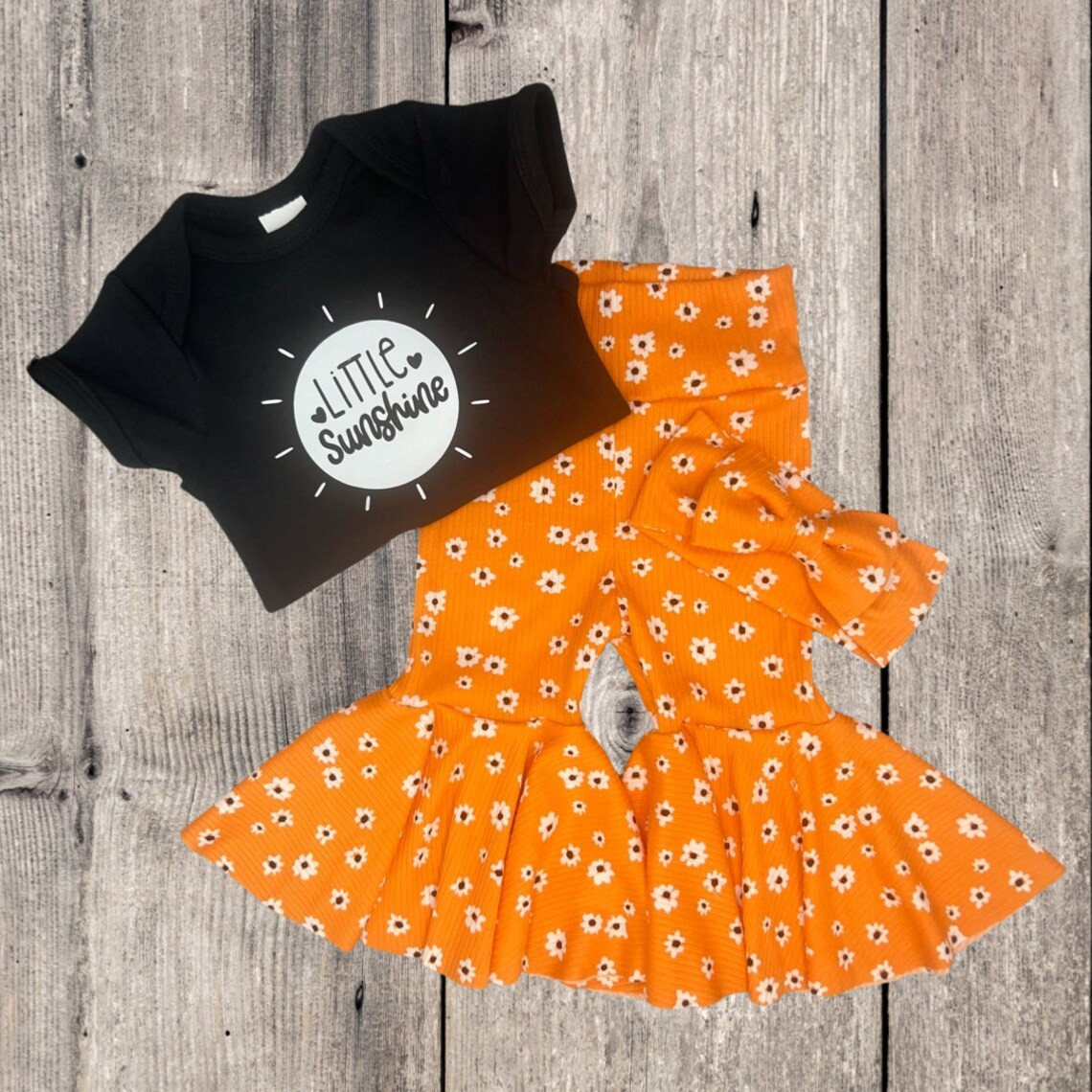 preorder GSPO1634 little sunshine black short sleeve flowers orange pants girls set