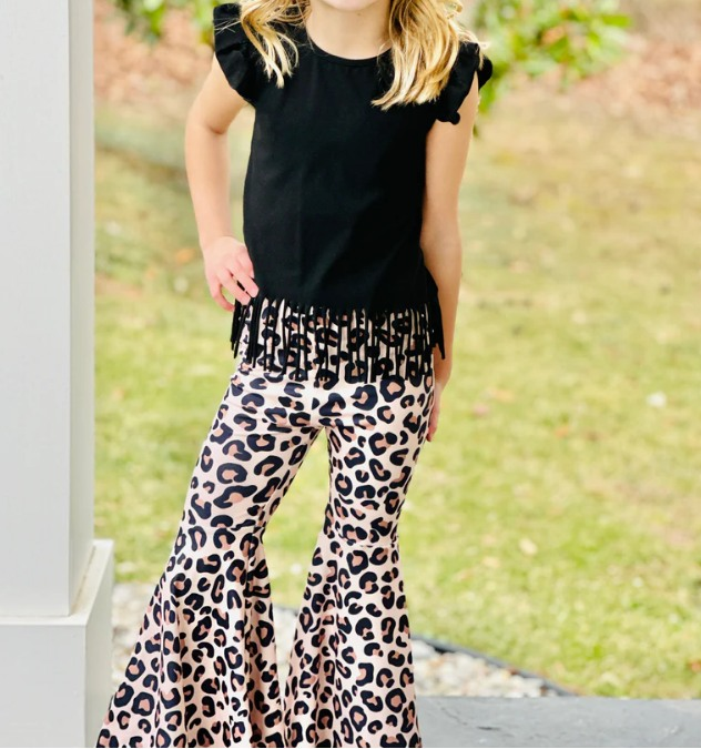 preorder GSPO1638 black tassels short sleeve leopard pants girls set