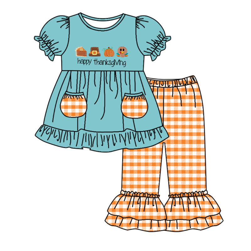 Preorder GSPO1644 happy Thanksgiving turkey blue short sleeve orange checkered pants girls set