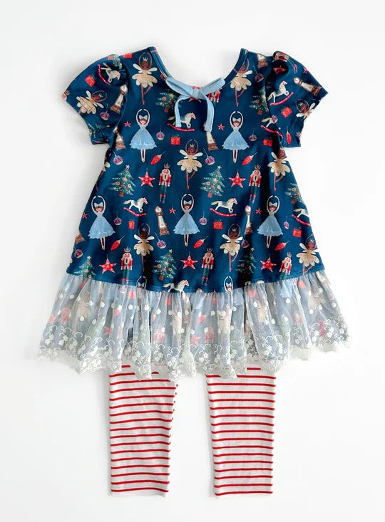 preorder GSPO1681 Christmas tree dace girl soldier navy blue short sleeve red striped pants girls set