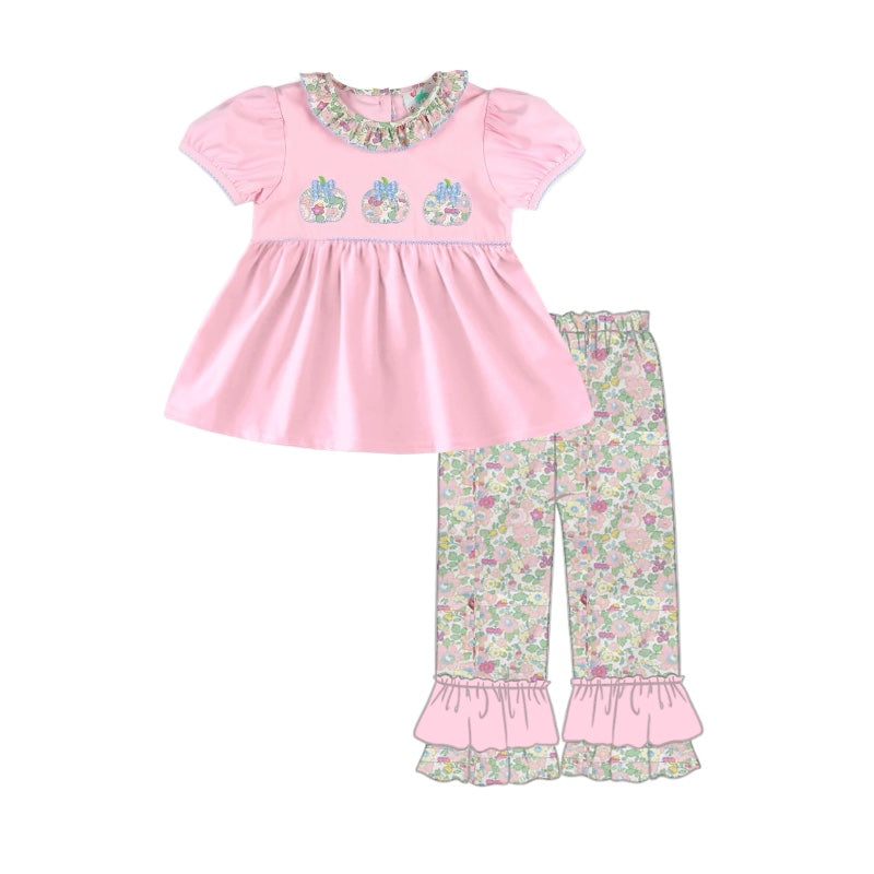 preorder GSPO1687 pumpkin pink short sleeve flowers pants girls set