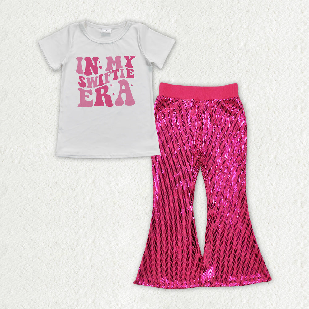 GSPO1708 in my swifitie era short sleeve hot pink sequin pants girls set