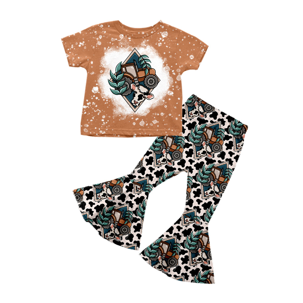 Preorder GSPO1712 farm tractor cow brown short sleeve cow print pants girls set