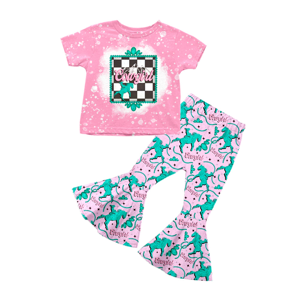 preorder GSPO1719 Western cowgirl checkered pink short sleeve pink rodeo pants girls set