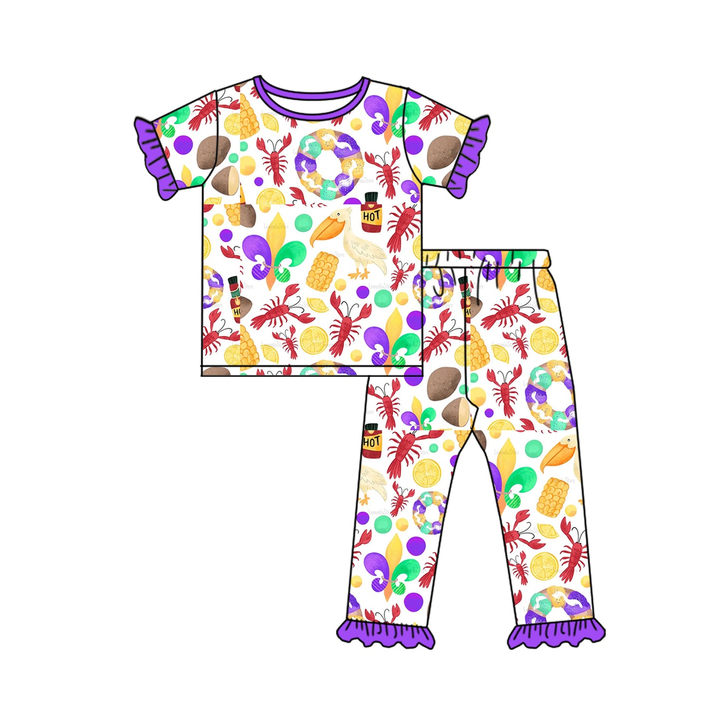 preorder GSPO1731 Mardi Gras crayfish donut corn purple short sleeve pants girls pajamas