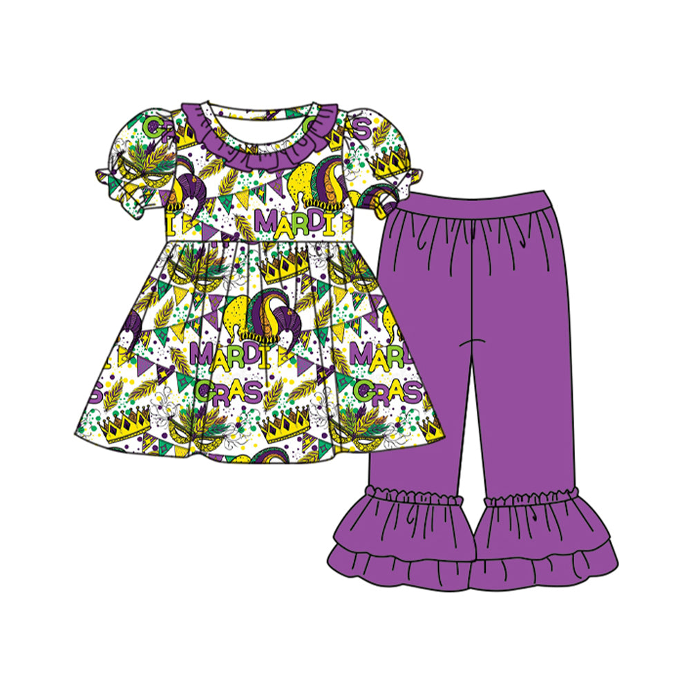 preorder GSPO1737 Mardi Gras mask crown short sleeve purple pants girls set