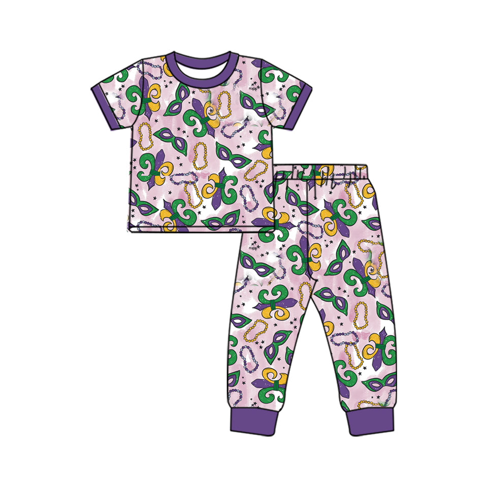 preorder GSPO1757 Mardi Gras mask purple pink short sleeve pants girls pajamas