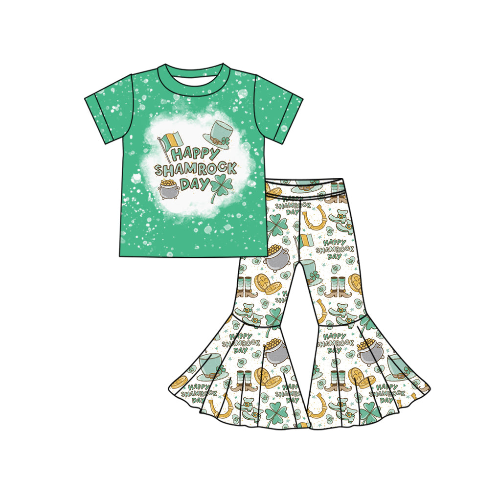 preorder GSPO1776 St Patrick happy shamrock day clover green short sleeve pants girls set