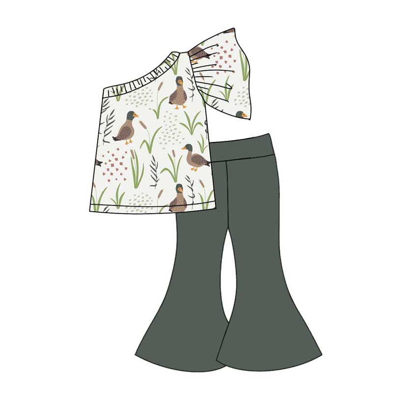Preorder GSPO1780 hunting season mallard duck short sleeve dark green pants girls set