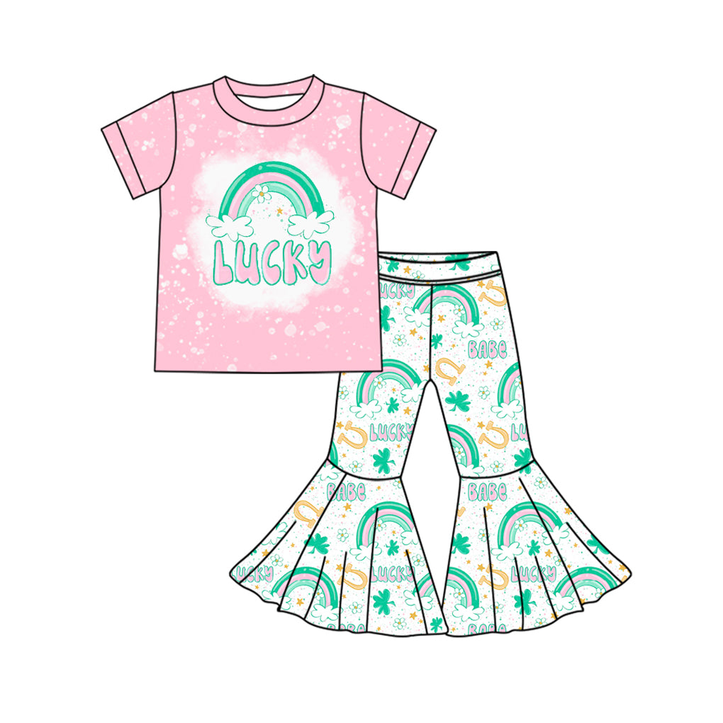 Preorder GSPO1782 St Patrick lucky rainbow pink short sleeve green pants girls set