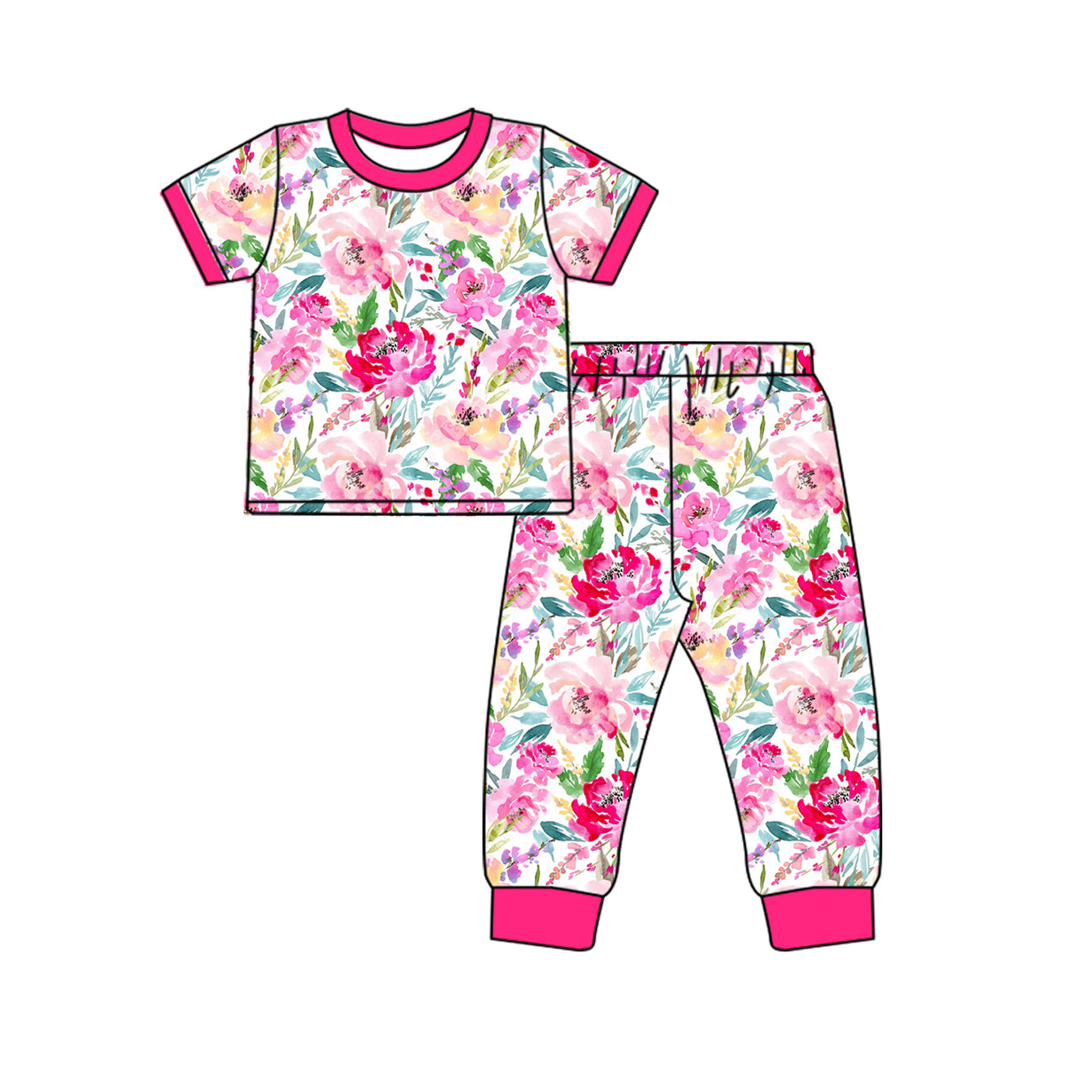 Preorder GSPO1785 watercolor flowers hot pink short sleeve pants girls pajamas