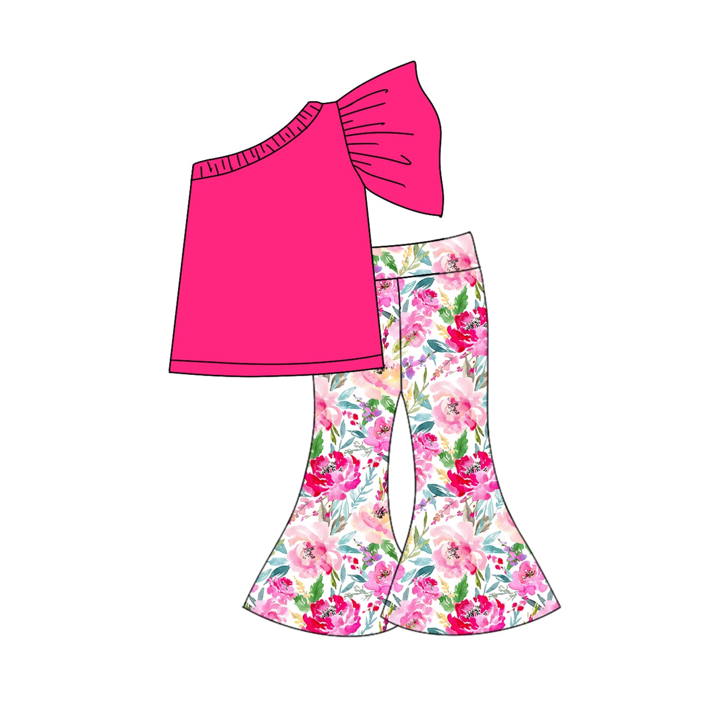 Preorder GSPO1786 watercolor flowers hot pink short sleeve pants girls set