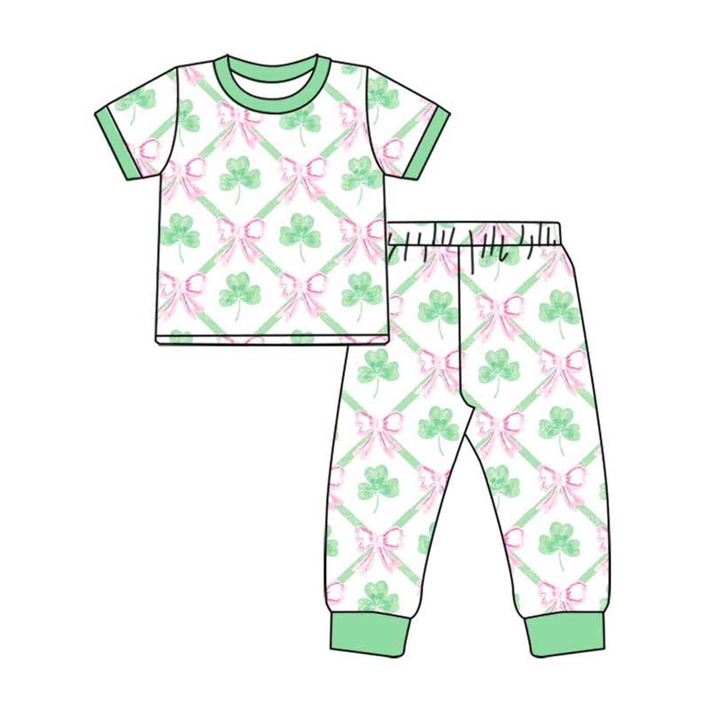 Preorder GSPO1792 St Patrick pink bows green clover short sleeve pants girls pajamas