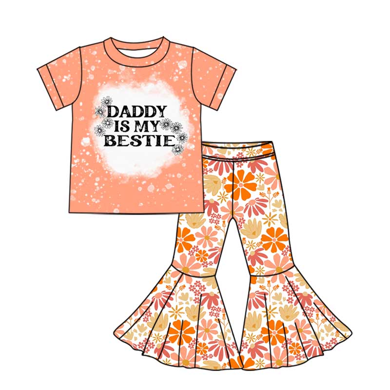 Preorder GSPO1794 Daddy is my bestie orange short sleeve flowers pants girls set