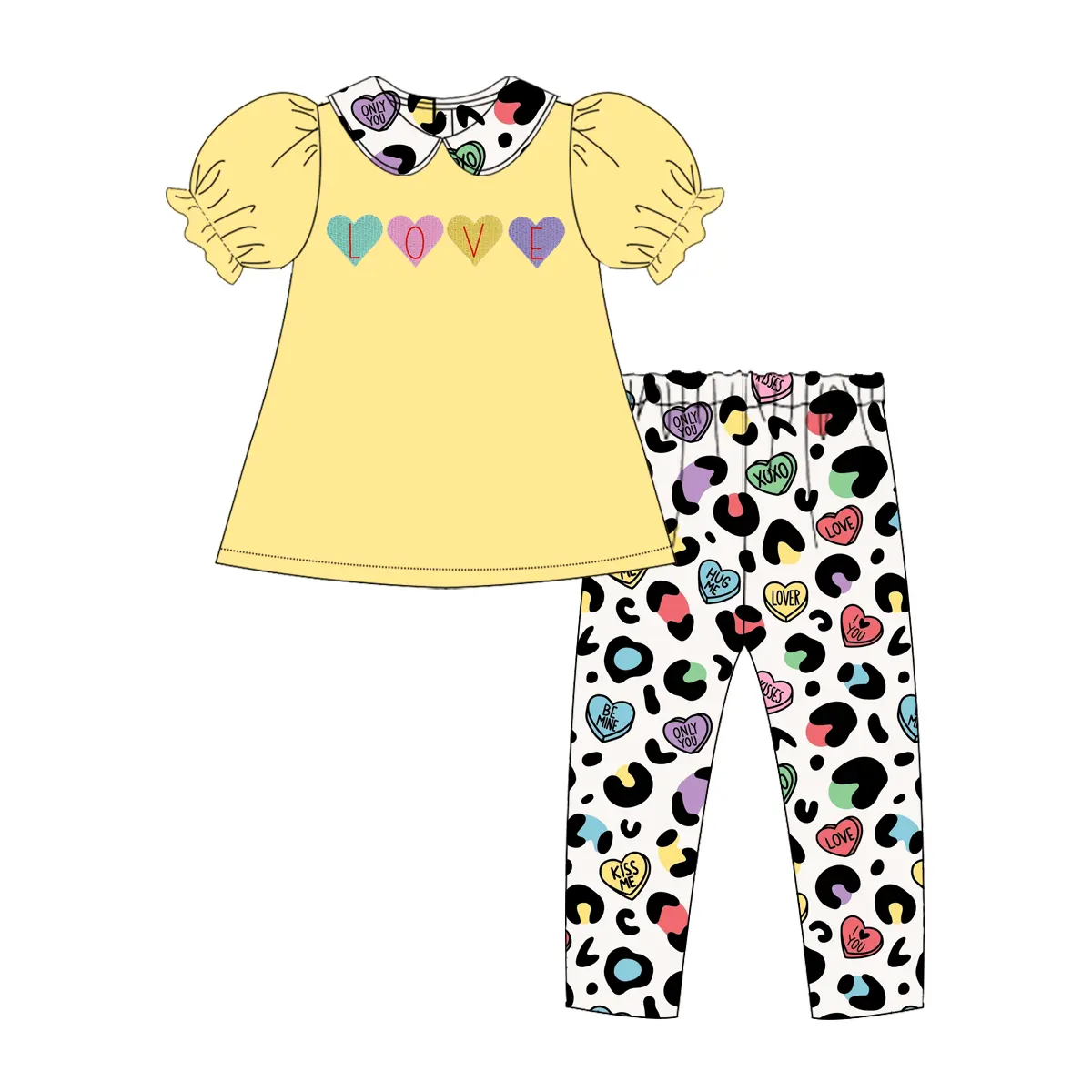 preorder GSPO1806 Valentine's Day I Love You Heart Yellow Short Sleeve Leopard Pants Girls Set