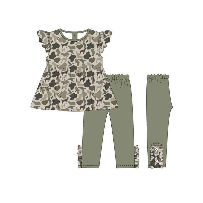 Preorder GSPO1807 hunting camo duck camo dog flutter sleeve green pants girls set