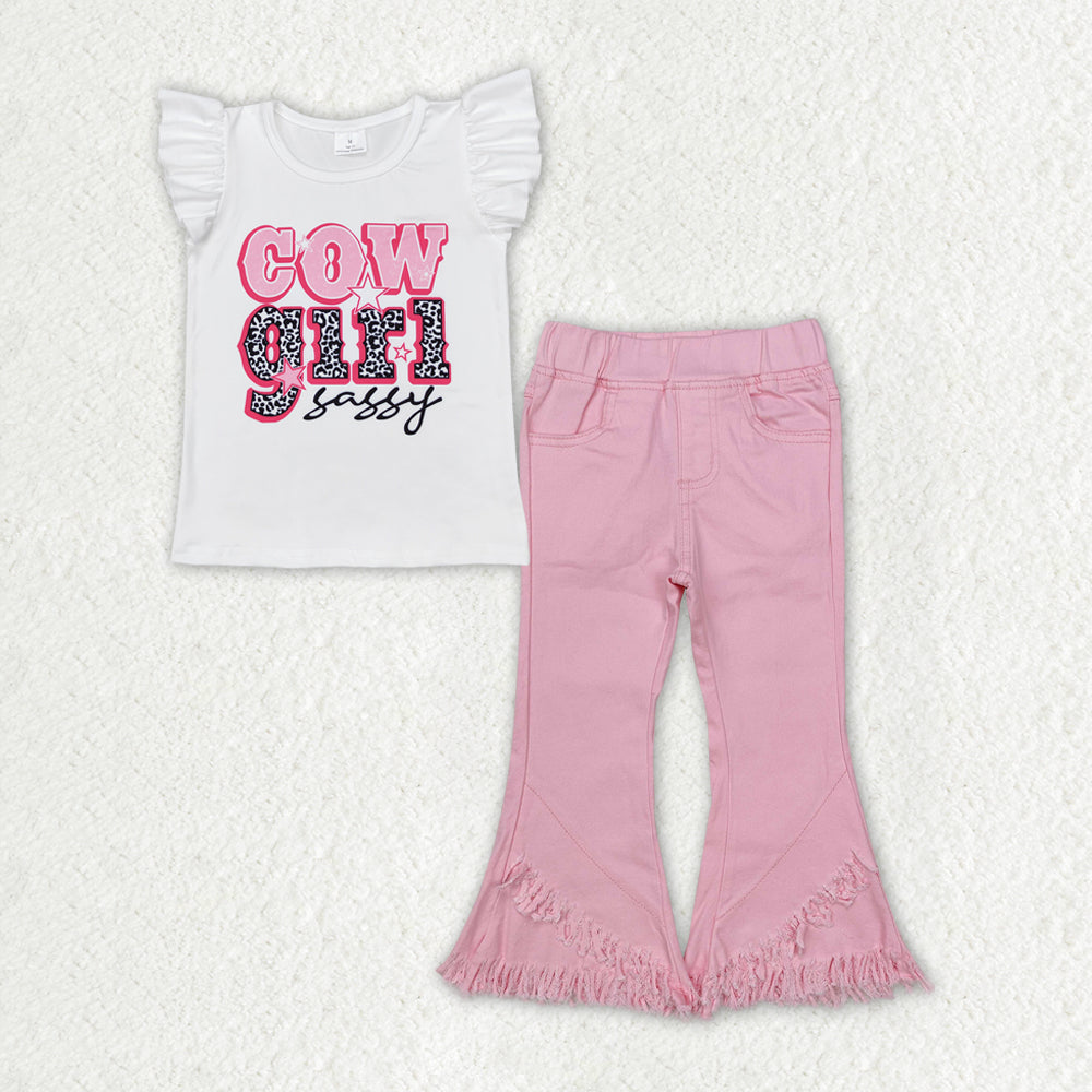 GSPO1817 cow girl sassy flutter sleeve pink tassels jeans girls set
